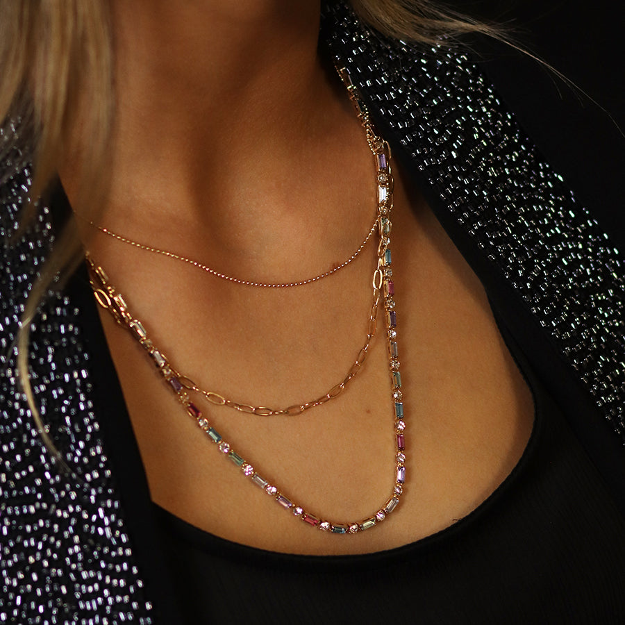 4567 - MultiColoured Crystal & Chain Necklace