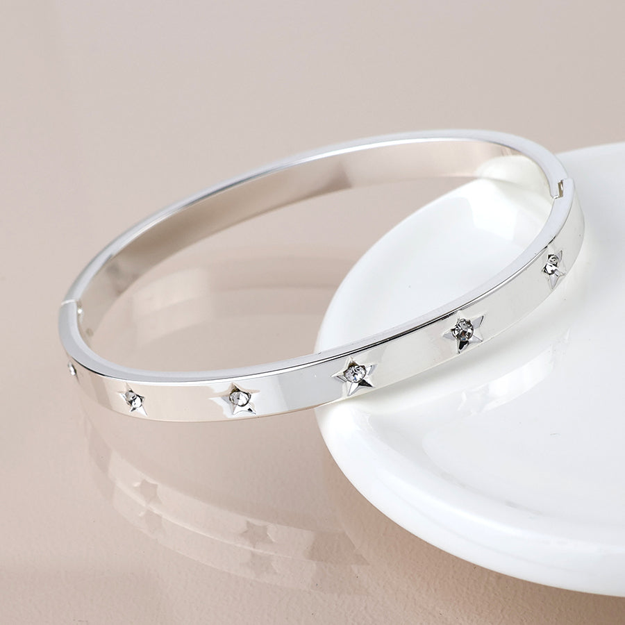 4601 - Crystal Star Hinged Bangle - Silver Plated