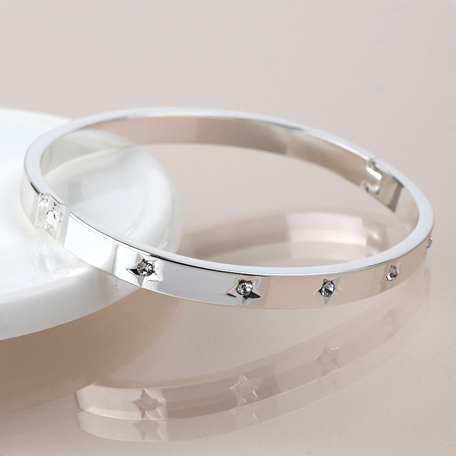 4601 - Crystal Star Hinged Bangle - Silver Plated