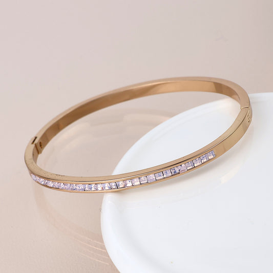 4605 - Pink Crystal Hinged Bangle - Faux Gold