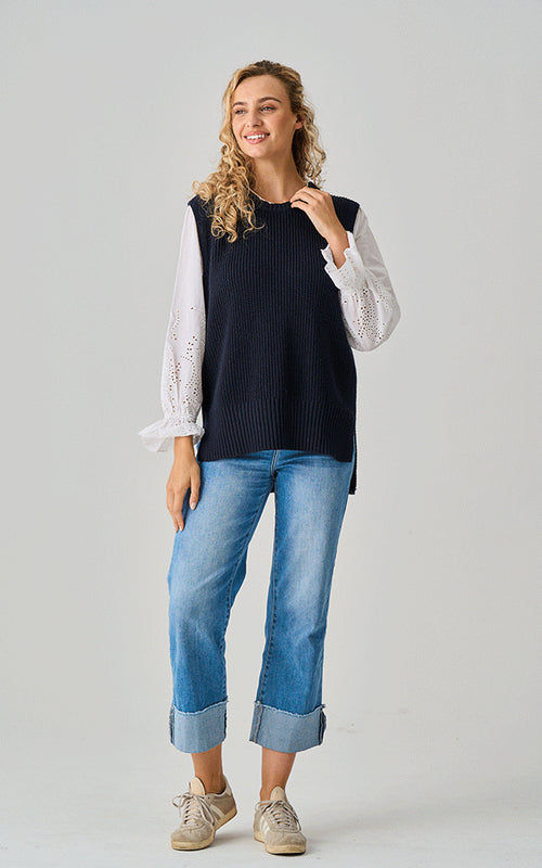 Aster Long Cotton Tank, Navy