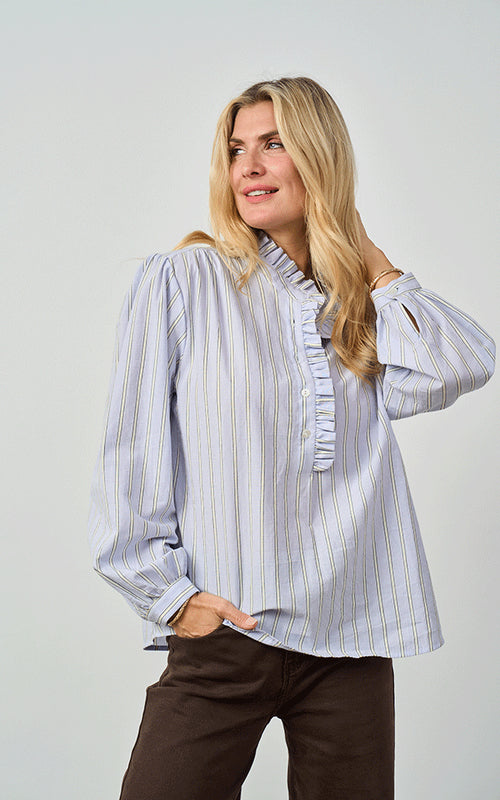 Kinross Cotton Blouse, Blue & Yellow Stripes