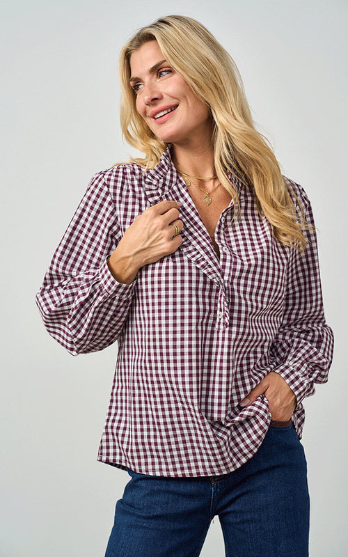 Braemar Cotton Gingham Blouse, Plum
