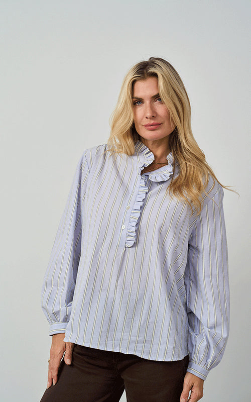 Kinross Cotton Blouse, Blue & Yellow Stripes