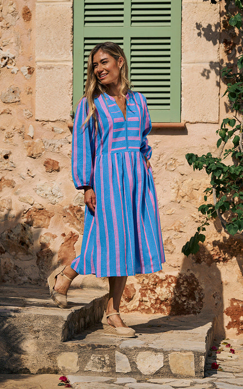 St Tropez Embroidered Dress - Blue/Neon Pink