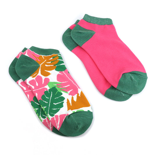Pink & Khaki Leaf Trainer Sock Duo