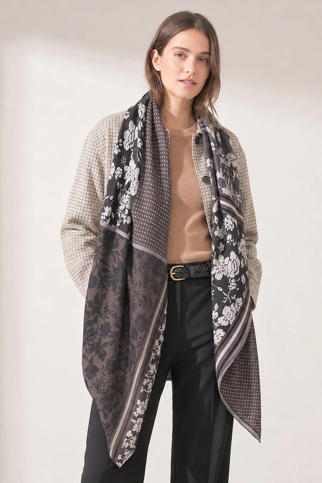 Grey Floral Print, Lightweight Scarf