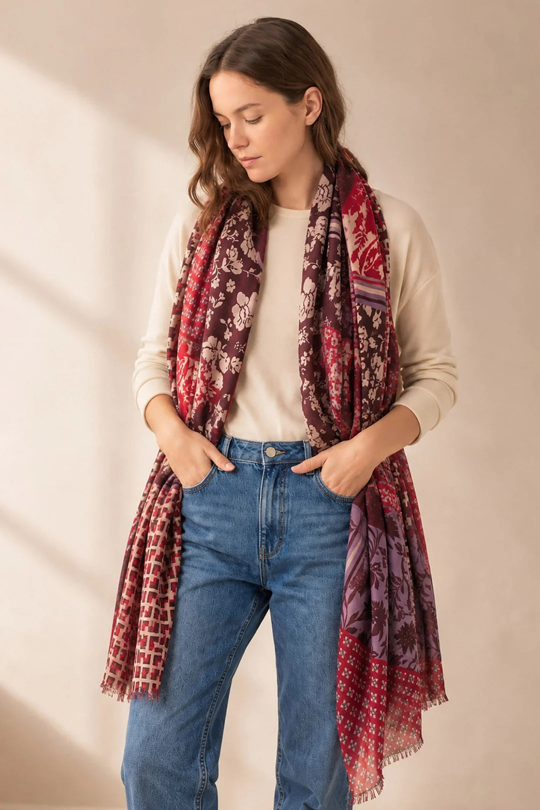 Red Floral Print, Lightweight Scarf