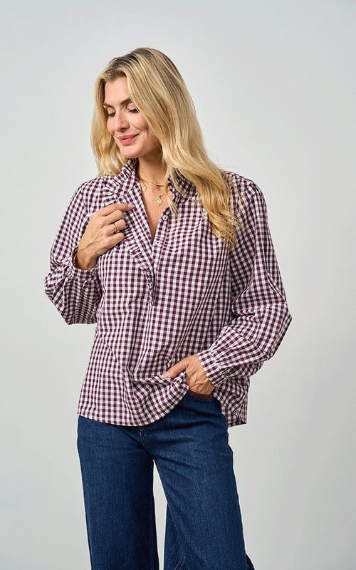 Braemar Cotton Gingham Blouse, Plum