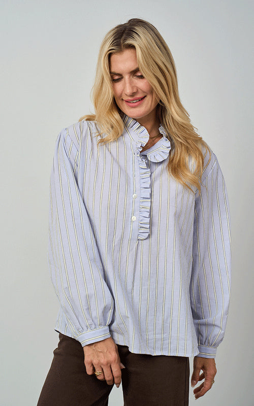 Kinross Cotton Blouse, Blue & Yellow Stripes