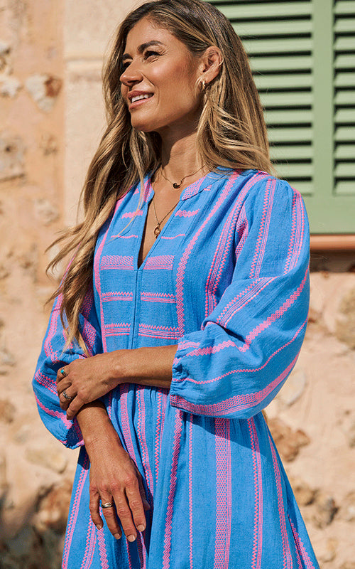 St Tropez Embroidered Dress - Blue/Neon Pink
