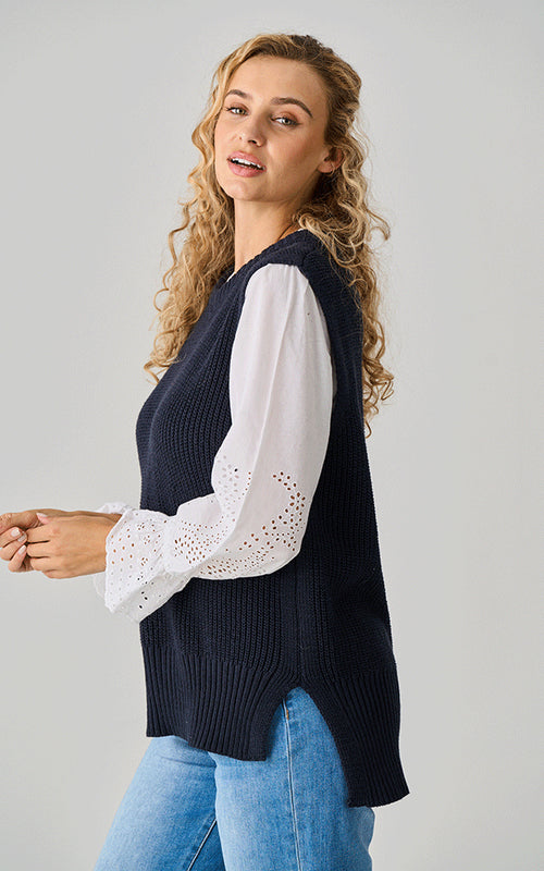 Aster Long Cotton Tank, Navy