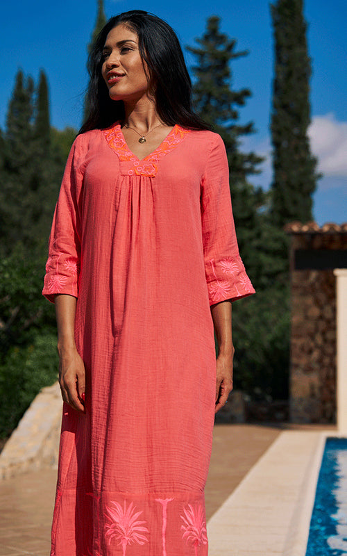 Maddalena Embroidered Midi Dress - Coral