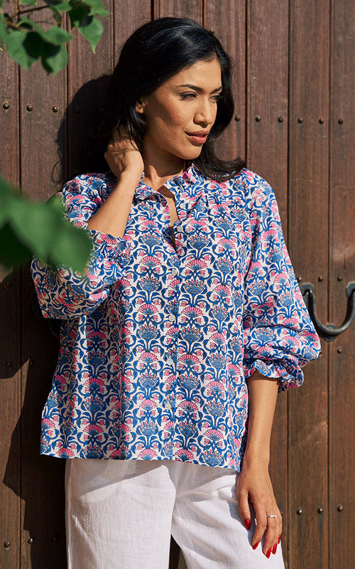 Olbia Blouse - Blue/Neon Pink