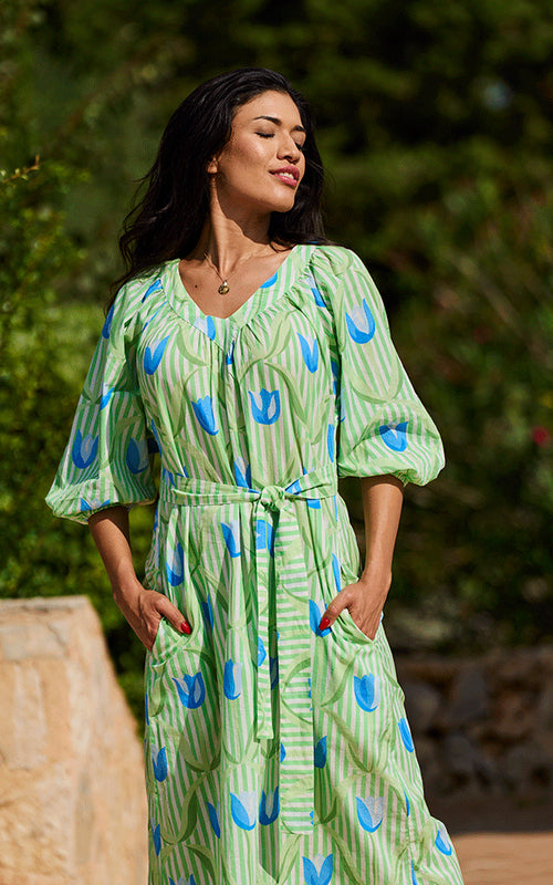 Cannes Midi Dress - Blue Tulips