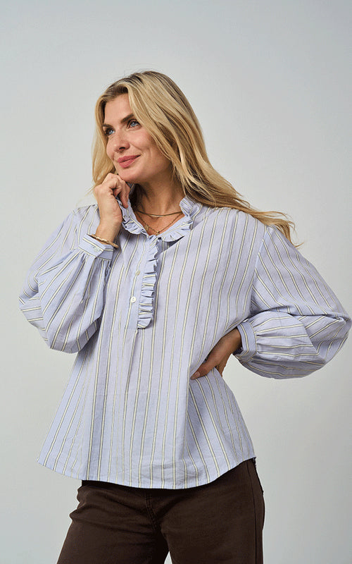 Kinross Cotton Blouse, Blue & Yellow Stripes