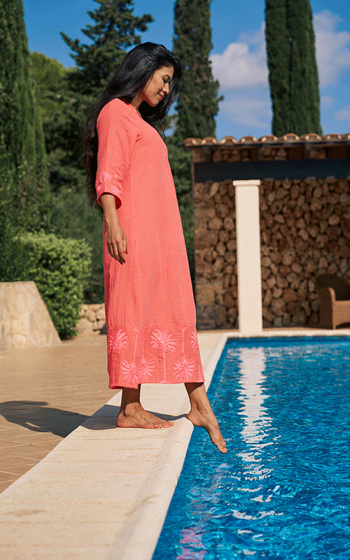 Maddalena Embroidered Midi Dress - Coral