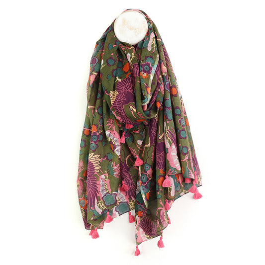 Khaki Bird of Paradise Print Scarf
