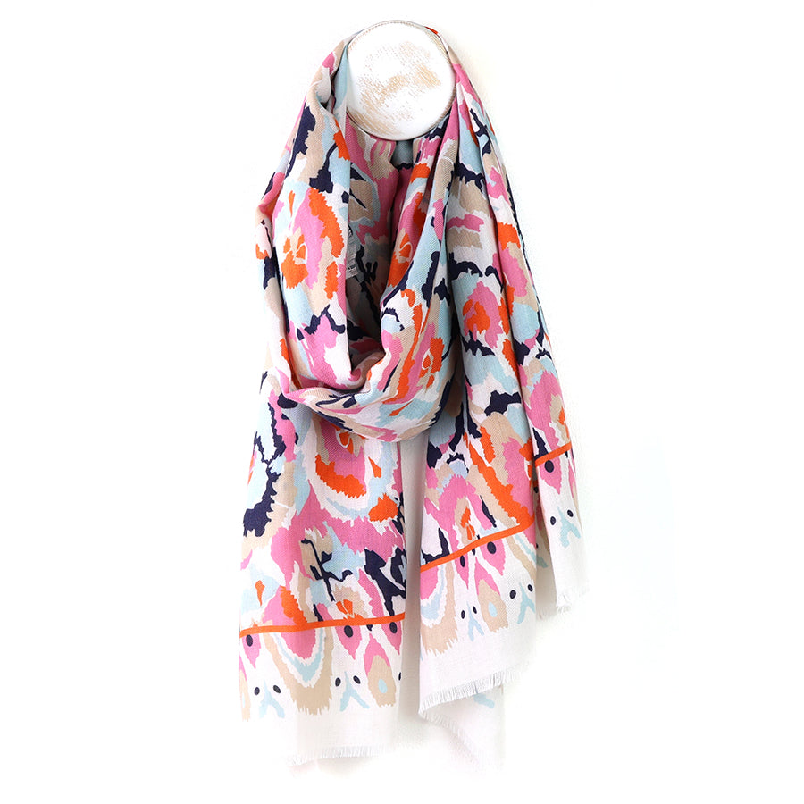 White & Coral Abstract Ikat Scarf