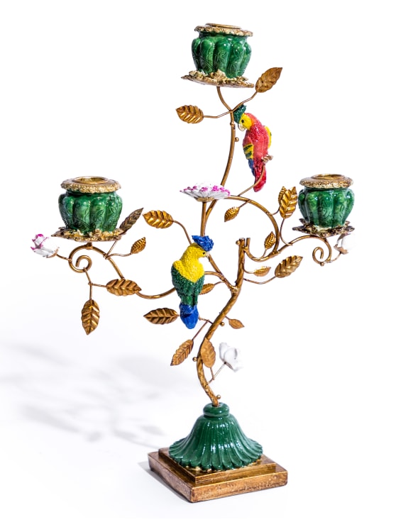 Antiqued Ornate Parrot & Branch Candle Holder