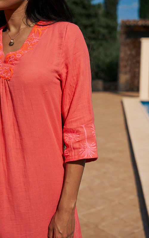 Maddalena Embroidered Midi Dress - Coral