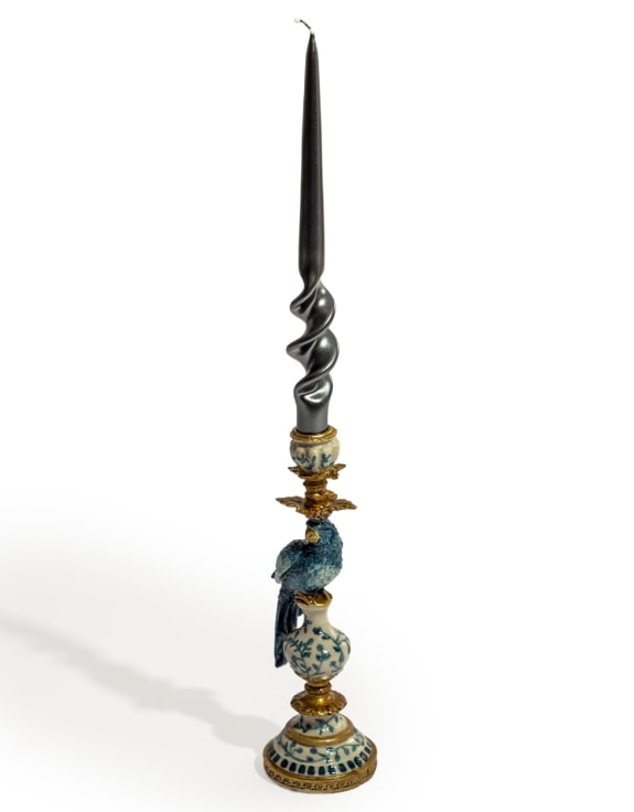 Antiqued Ornate Blue & White Parrot Candle Holder