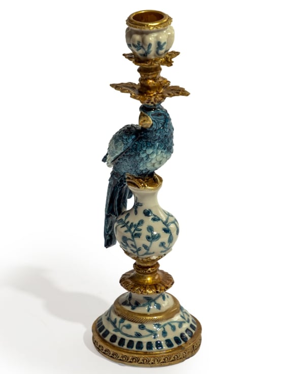 Antiqued Ornate Blue & White Parrot Candle Holder