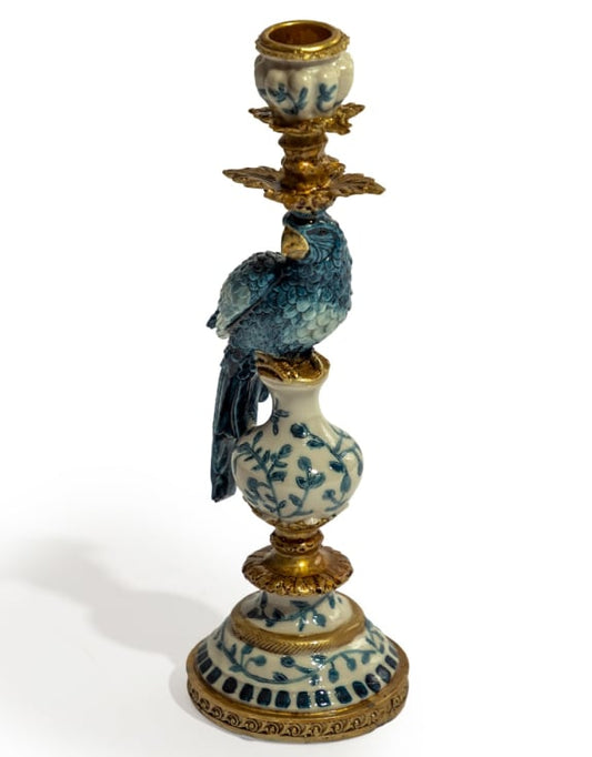Antiqued Ornate Blue & White Parrot Candle Holder