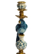 Antiqued Ornate Blue & White Parrot Candle Holder