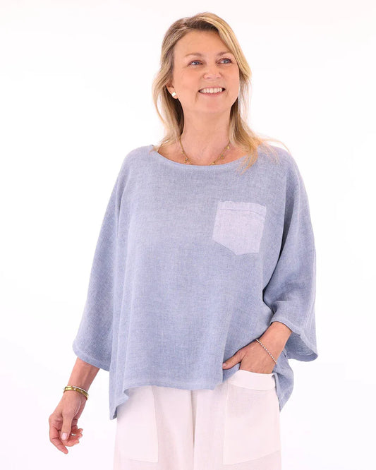 Linen Blend Pocket Top Ice Blue