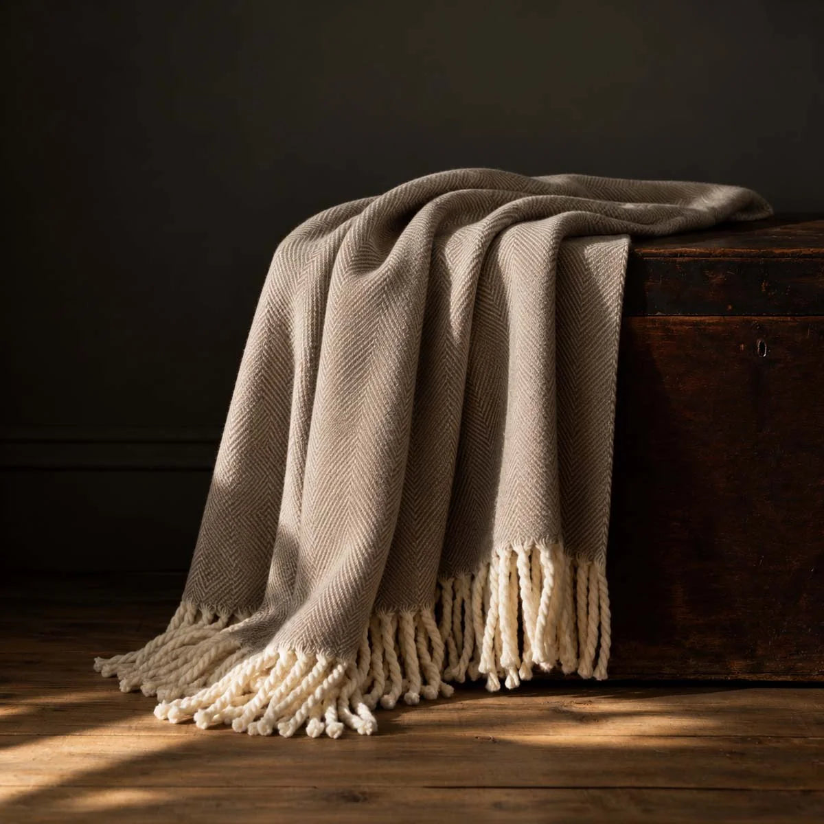 Beige Chevron, 100% Wool Throw