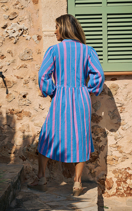 St Tropez Embroidered Dress - Blue/Neon Pink