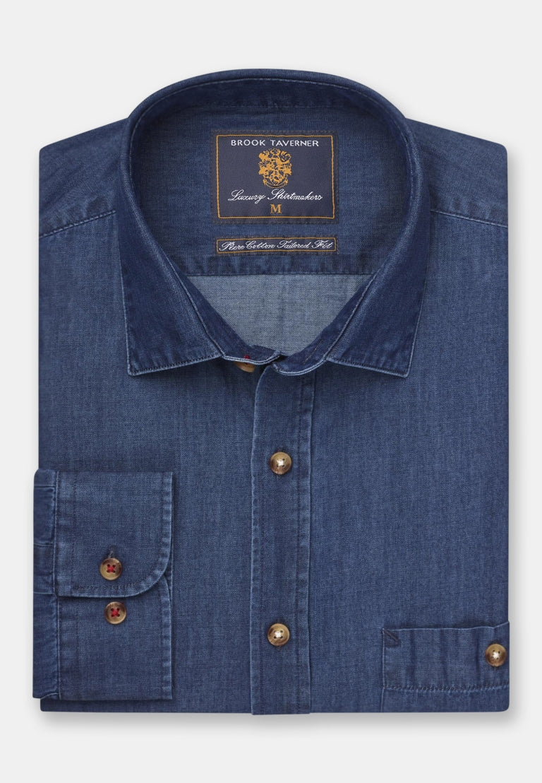 Navy Chambray Cotton Shirt, Tailored Fit