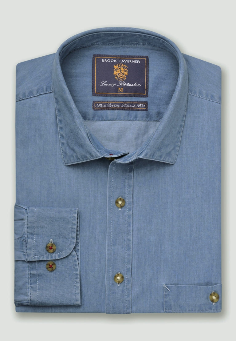 Light Blue Chambray Cotton Shirt, Tailored Fit