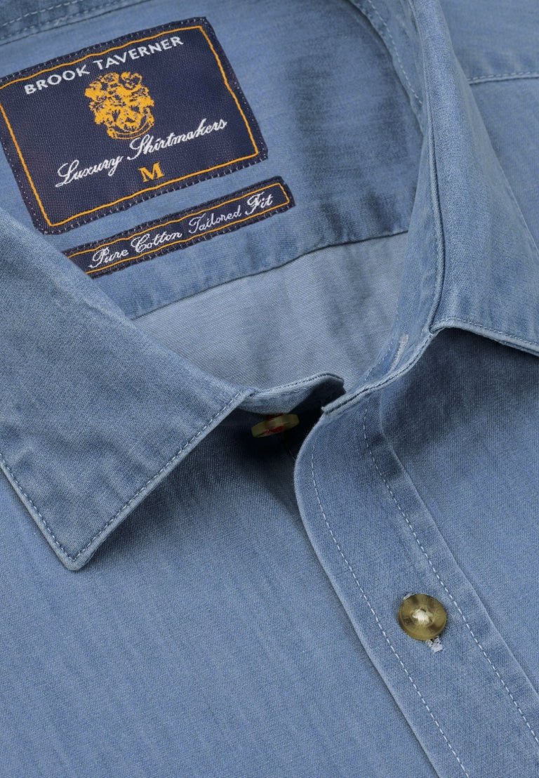 Light Blue Chambray Cotton Shirt, Tailored Fit