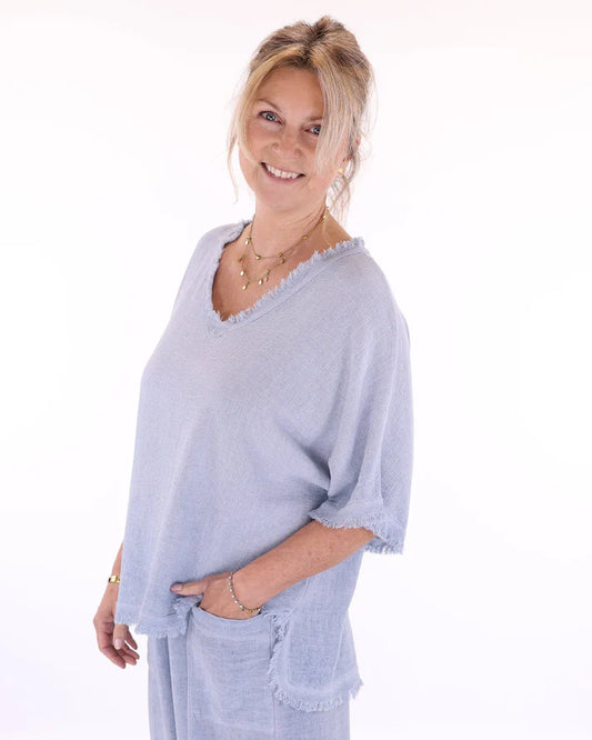 Linen Blend Frill Tunic Ice Blue