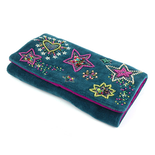 Starburst Teal Velvet Jewellery Roll