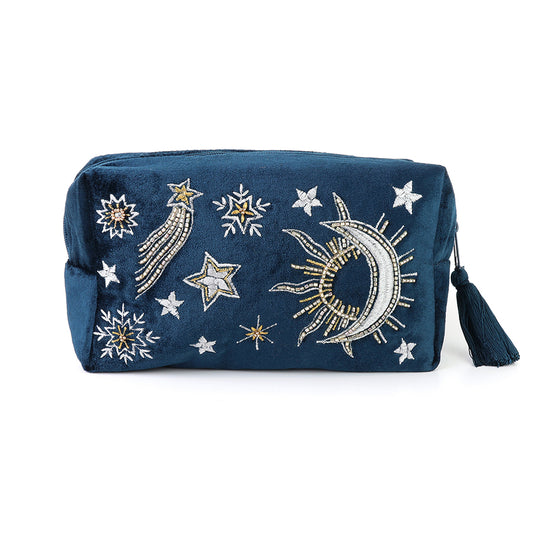 Celestial Petrol Blue Velvet Wash Bag