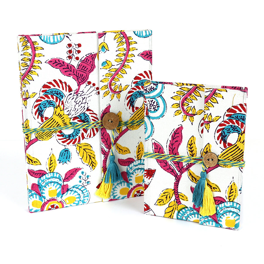 White & Multi Paisley Print Cotton, Cloth Bound Notebook Set