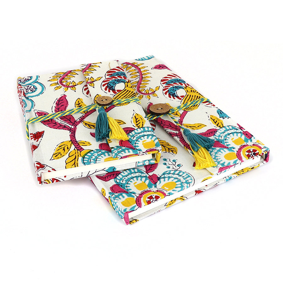 White & Multi Paisley Print Cotton, Cloth Bound Notebook Set