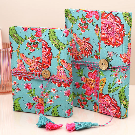 Turquoise & Pink Floral Cotton, Cloth Bound Notebook Set