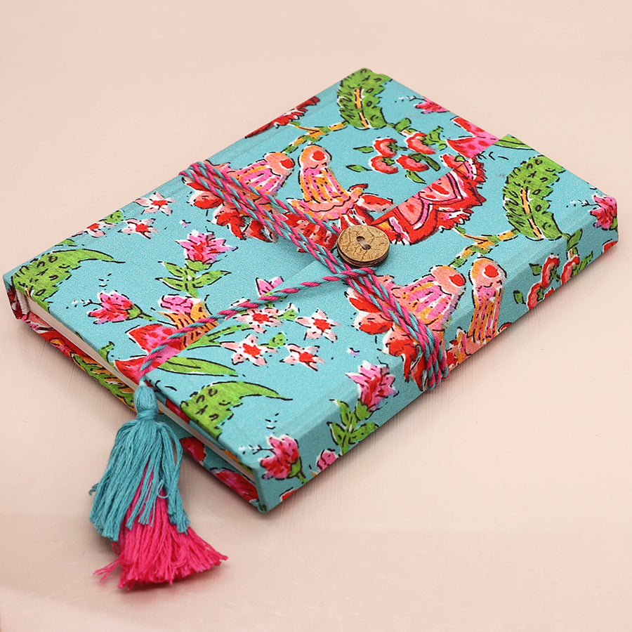 Turquoise & Pink Floral Cotton, Cloth Bound Notebook Set