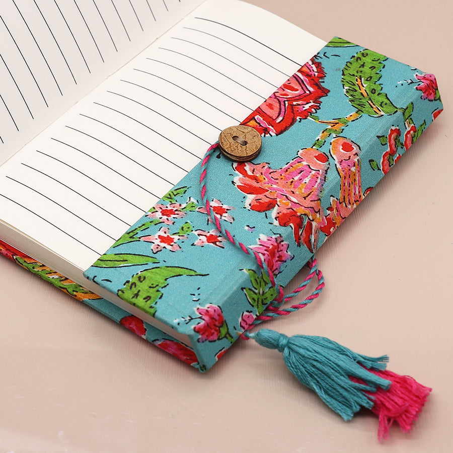 Turquoise & Pink Floral Cotton, Cloth Bound Notebook Set