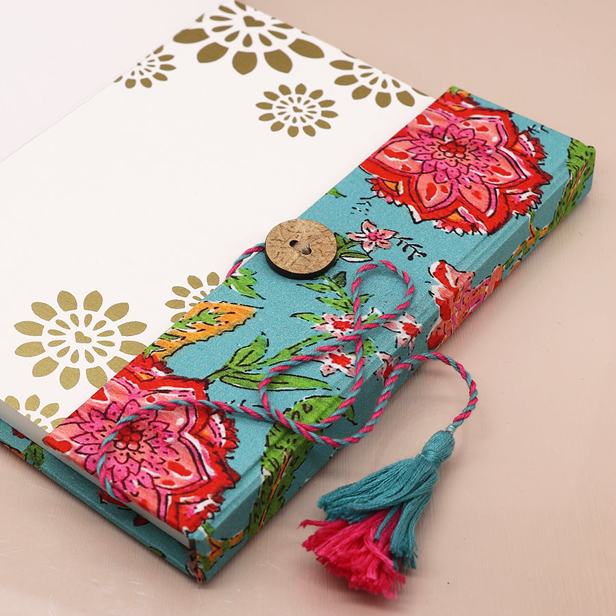 Turquoise & Pink Floral Cotton, Cloth Bound Notebook Set