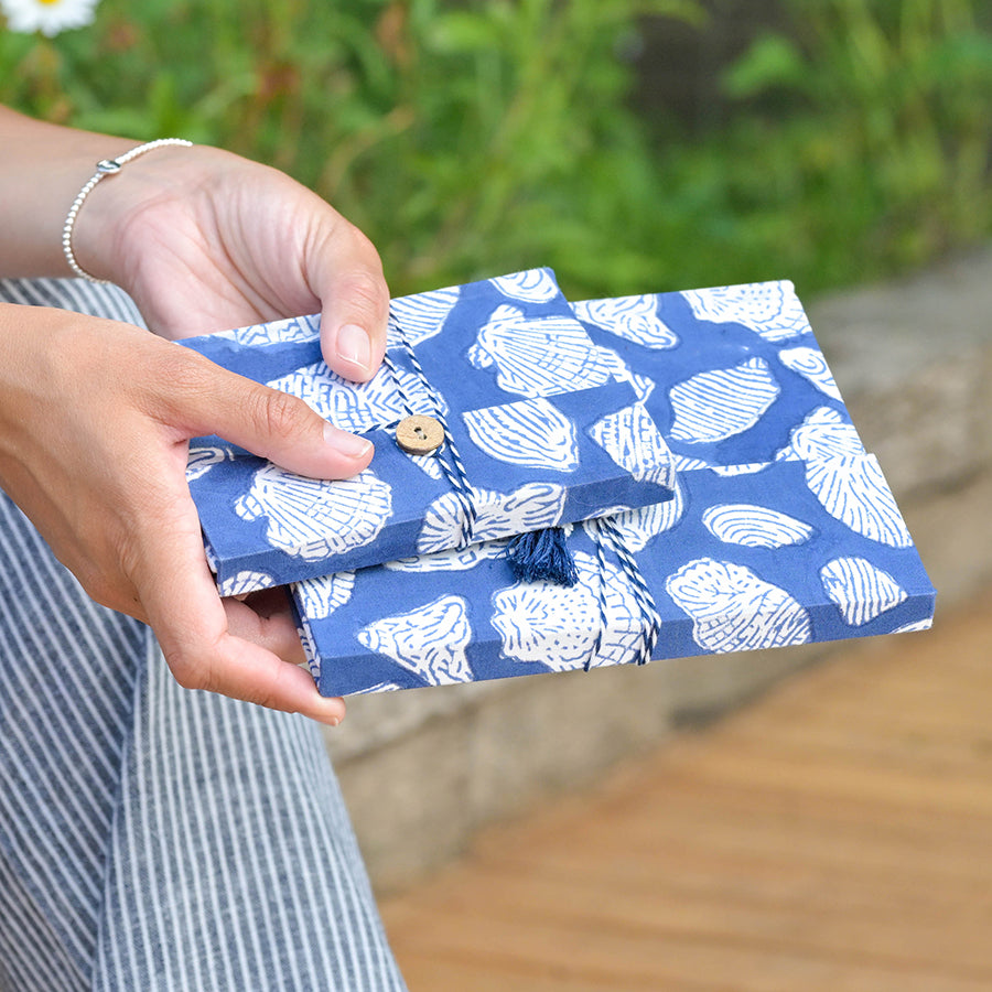 BLue & White Shell Print, Cloth Bound Notebook Set