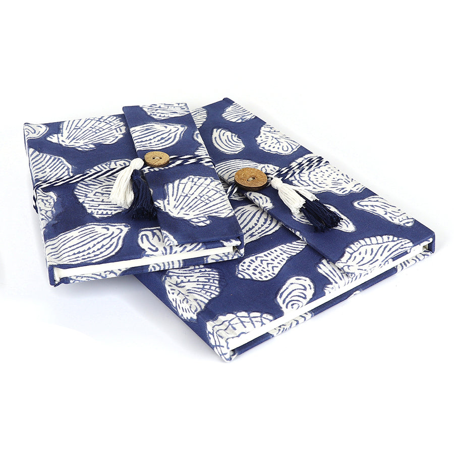 BLue & White Shell Print, Cloth Bound Notebook Set