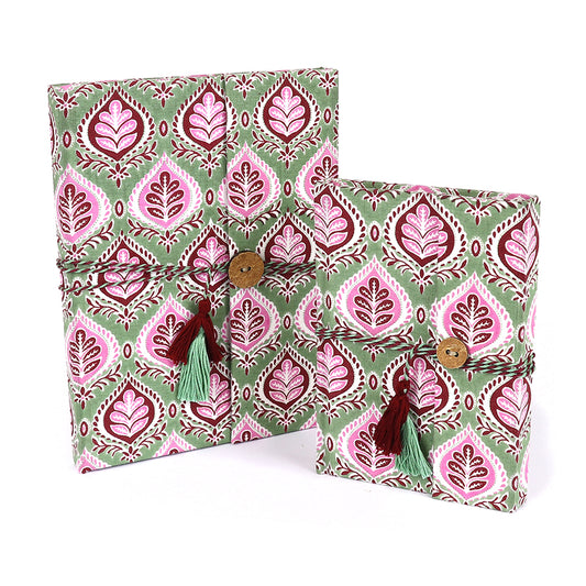 Green & Pink Block Print, Cloth Bound Notebook Set