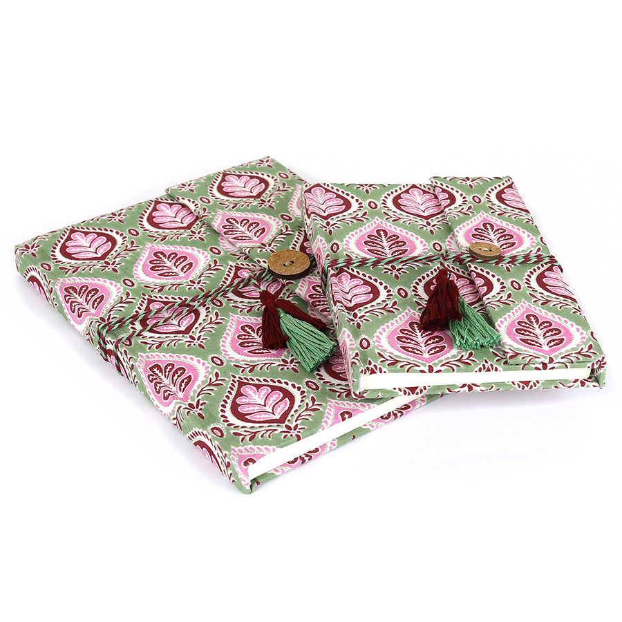 Green & Pink Block Print, Cloth Bound Notebook Set