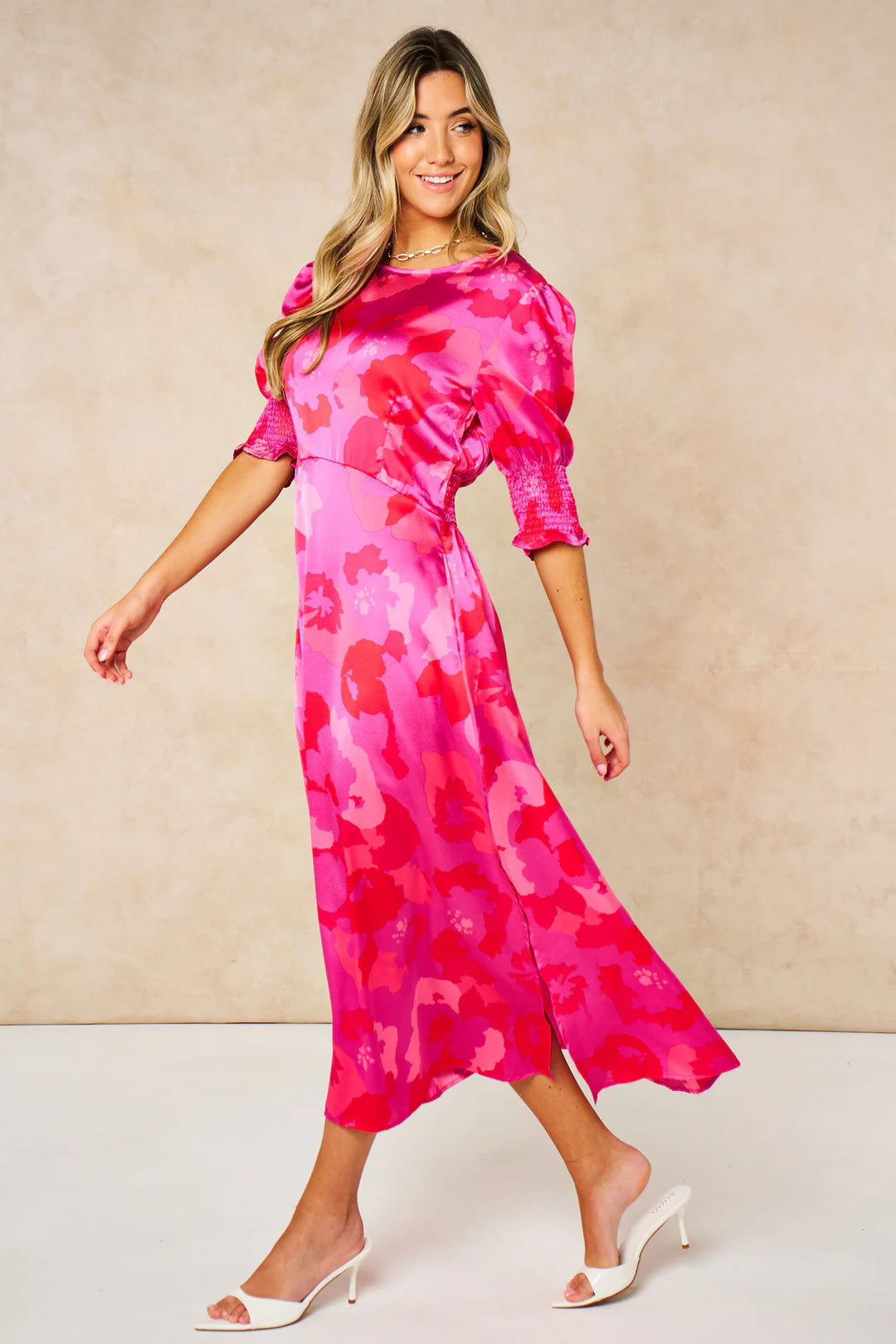 Floral Midi Tea Dress - Hot Pink