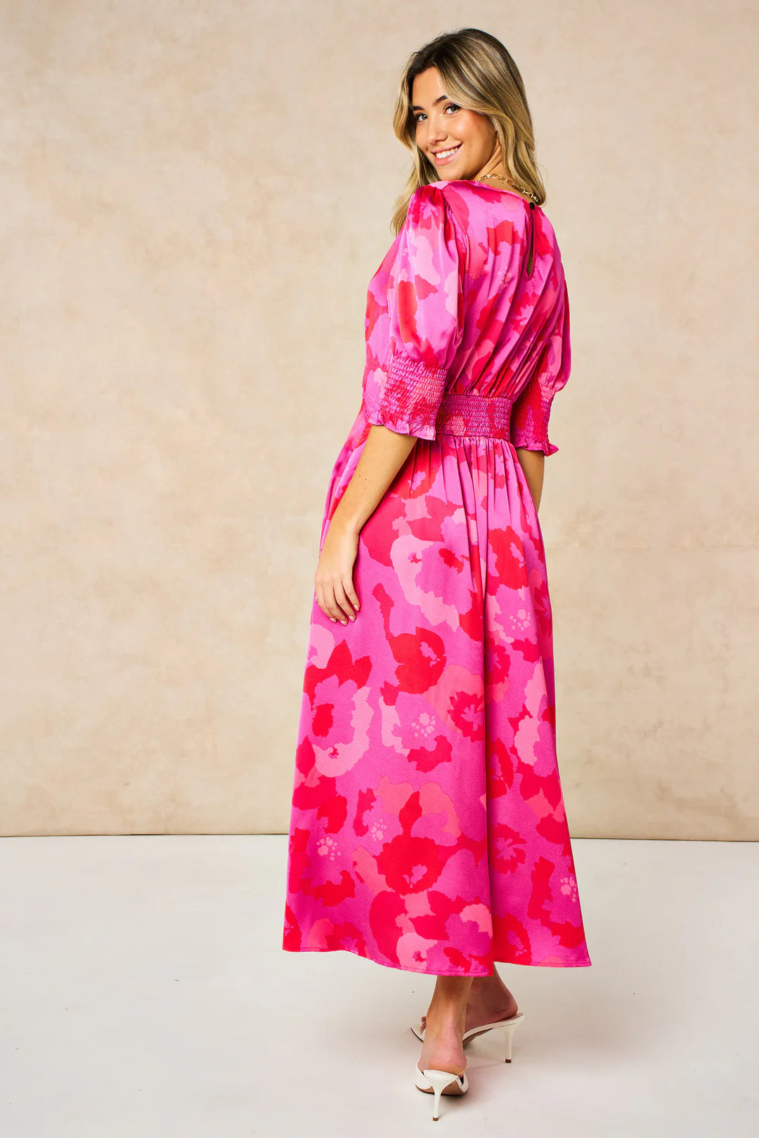 Floral Midi Tea Dress - Hot Pink